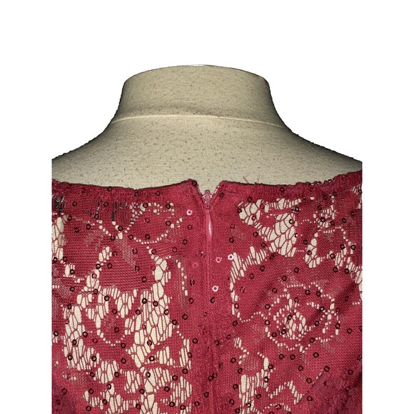 NEW DANNY AND NICOLE Size 12 Shift Dress Red Floral Lace Shimmery Sequins Ruffle - Picture 6 of 7